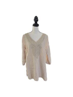 Tommy Bahama V-Neck Linen Tunic Top With Monochrome Embroidery Size Medium